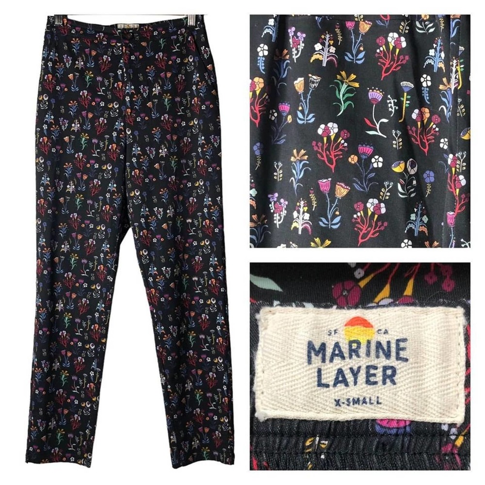 MARINE LAYER Allison Pants Trousers Black Floral Stretch High Waist Straight Leg